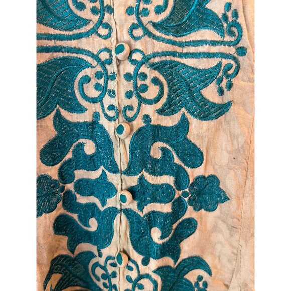 Vintage Beige & Teal Button-Front Dress With Embroidered Floral Patterns & Cap S - Picture 4 of 13